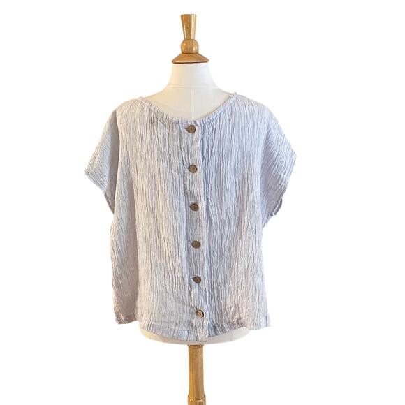 Tahari Baby Blue Short Sleeve Gauzy Textured 100% Linen Blouse, Size L - Picture 4 of 8